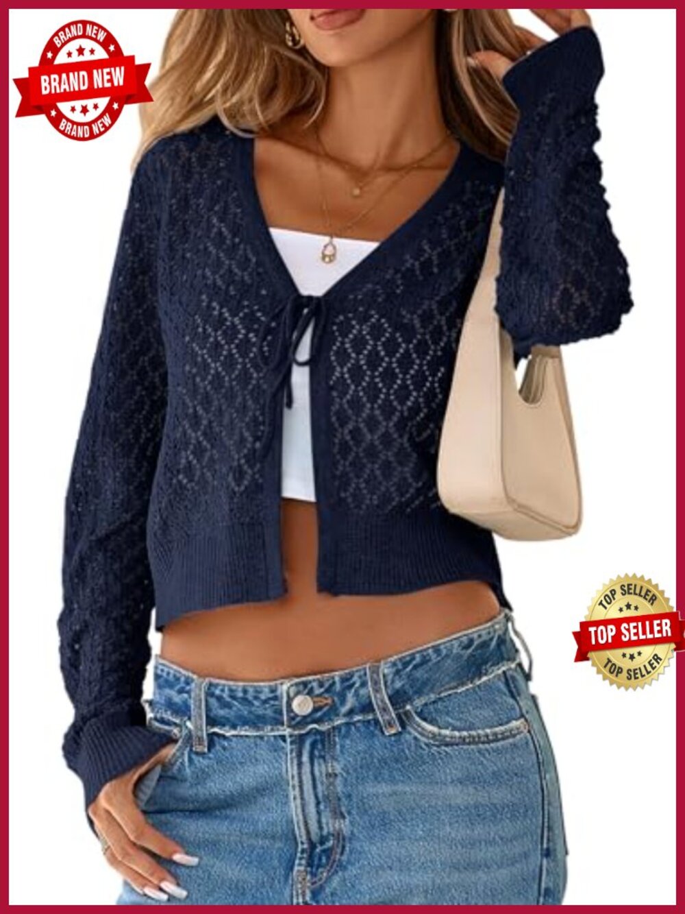 Crochet Shrug Cardigan Tie Front Long Sleeve Cropped Bolero